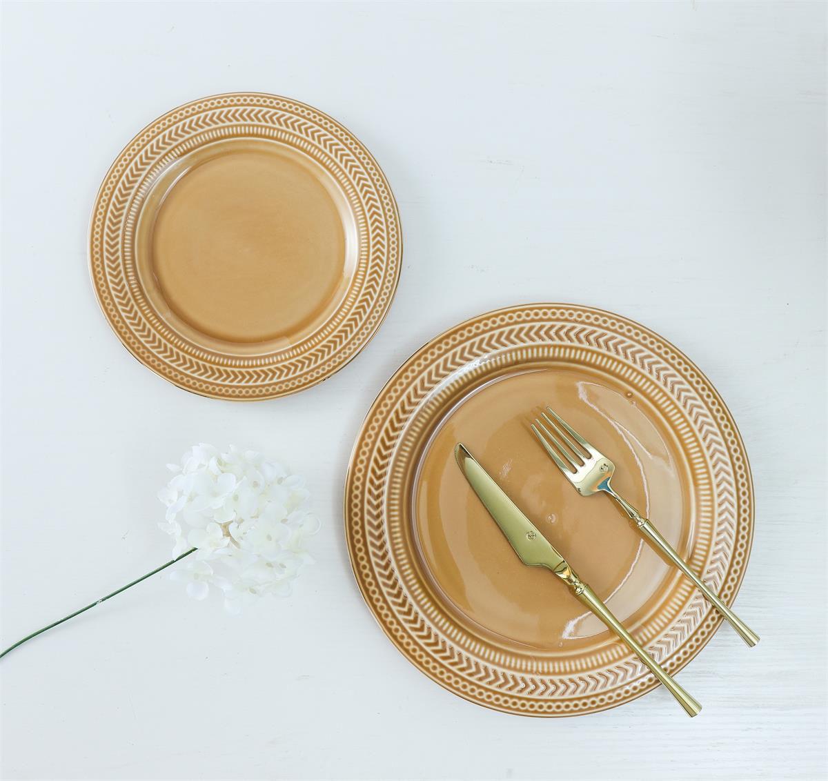 Brown Emboss 35 Pcs Dinner Set (Colour Glaze Collection)
