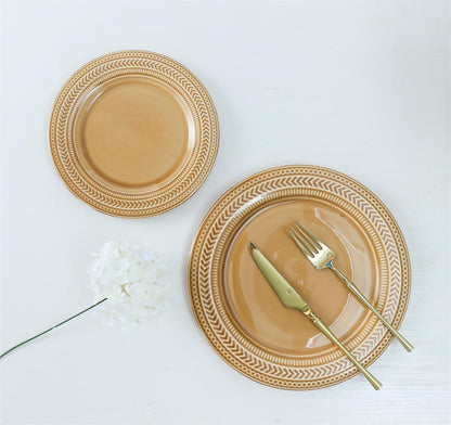 Brown Emboss 35 Pcs Dinner Set (Colour Glaze Collection)