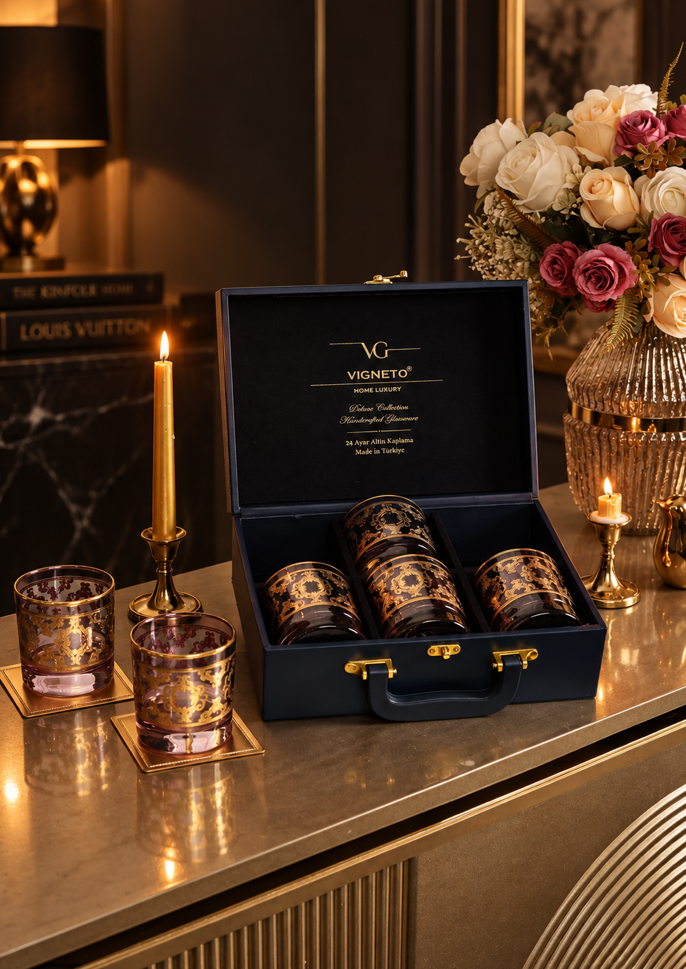 Améthyste Royale 6 Pcs Whiskey Glasses (Palace Collection, 24K Gold Etched) - Vigneto