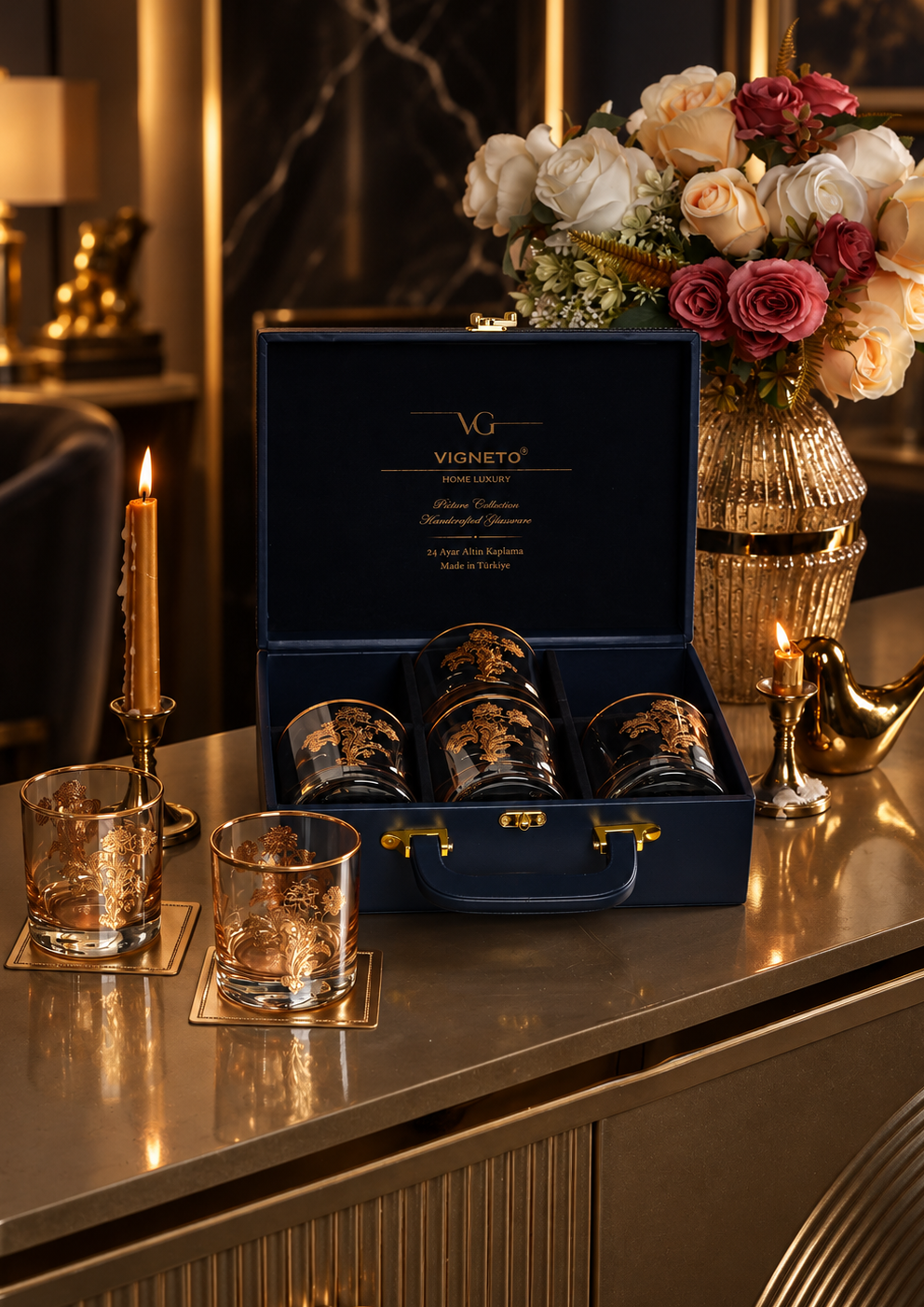 Amber Wisteria 6 Pcs Whiskey Glasses (Palace Collection, 24K Gold Etched) - Vigneto