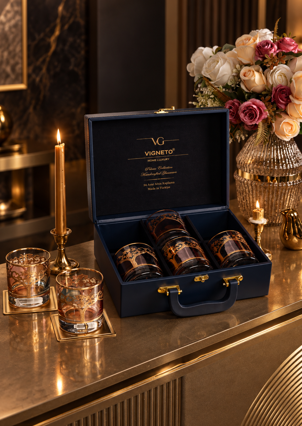 Bellecour Gold 6 Pcs Whiskey Glasses (Palace Collection, 24K Gold Etched) - Vigneto