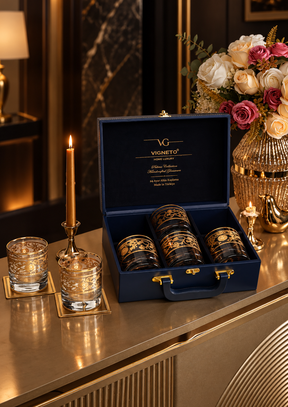 Florentine Gold 6 Pcs Whiskey Glasses (Palace Collection, 24K Gold Etched) - Vigneto