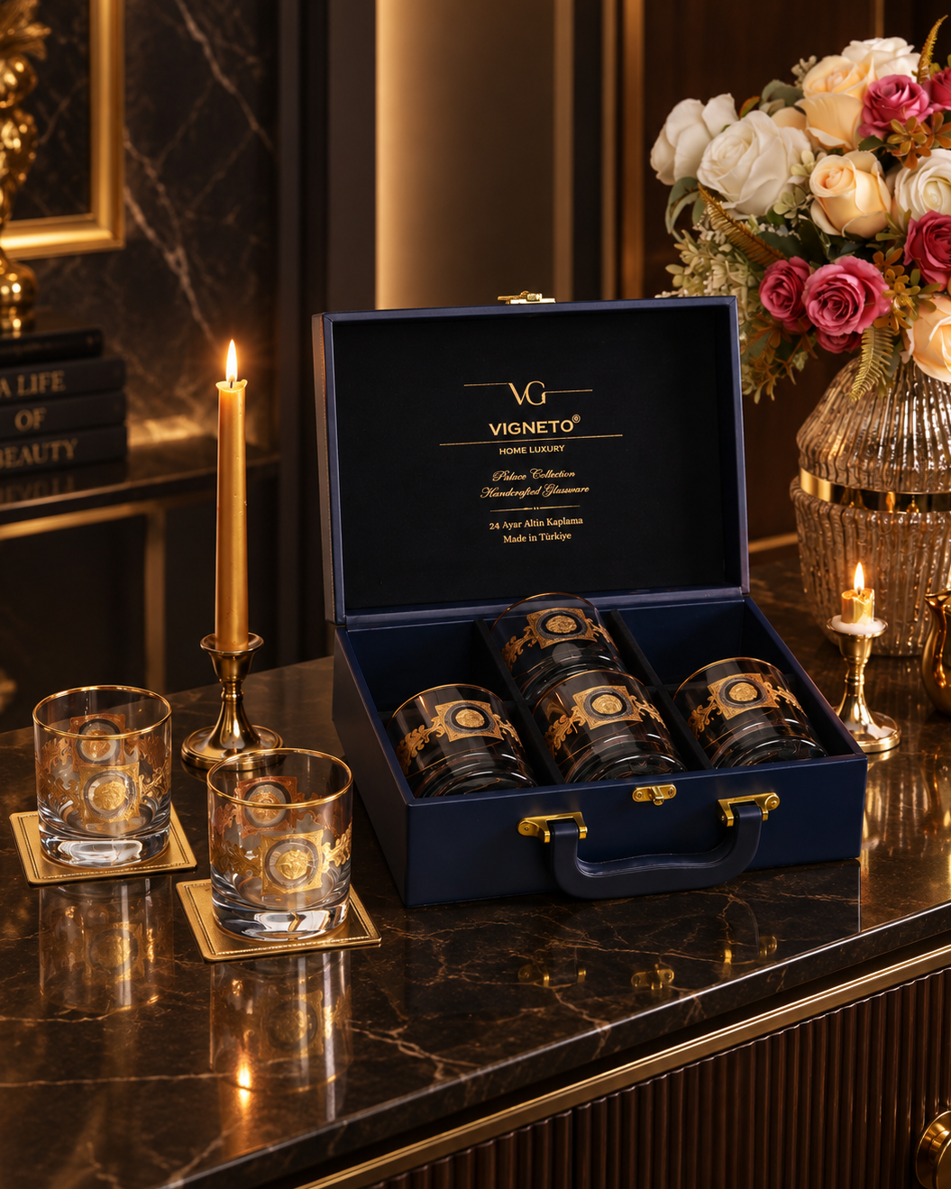 Versailles Crest 6 Pcs Whiskey Glasses (Palace Collection, 24K Gold Etched) - Vigneto