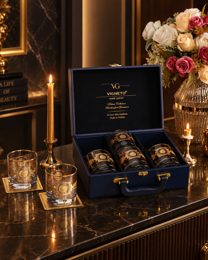 Versailles Crest 6 Pcs Whiskey Glasses (Palace Collection, 24K Gold Etched) - Vigneto
