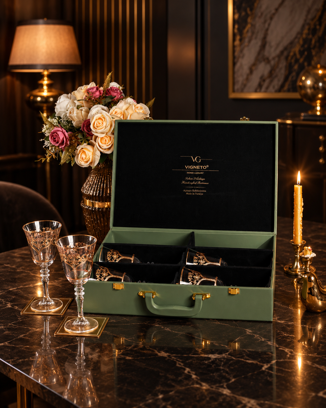 Bellecour Gold 6 Pcs Wine Glasses (Palace Collection, 24K Gold Etched) - Vigneto