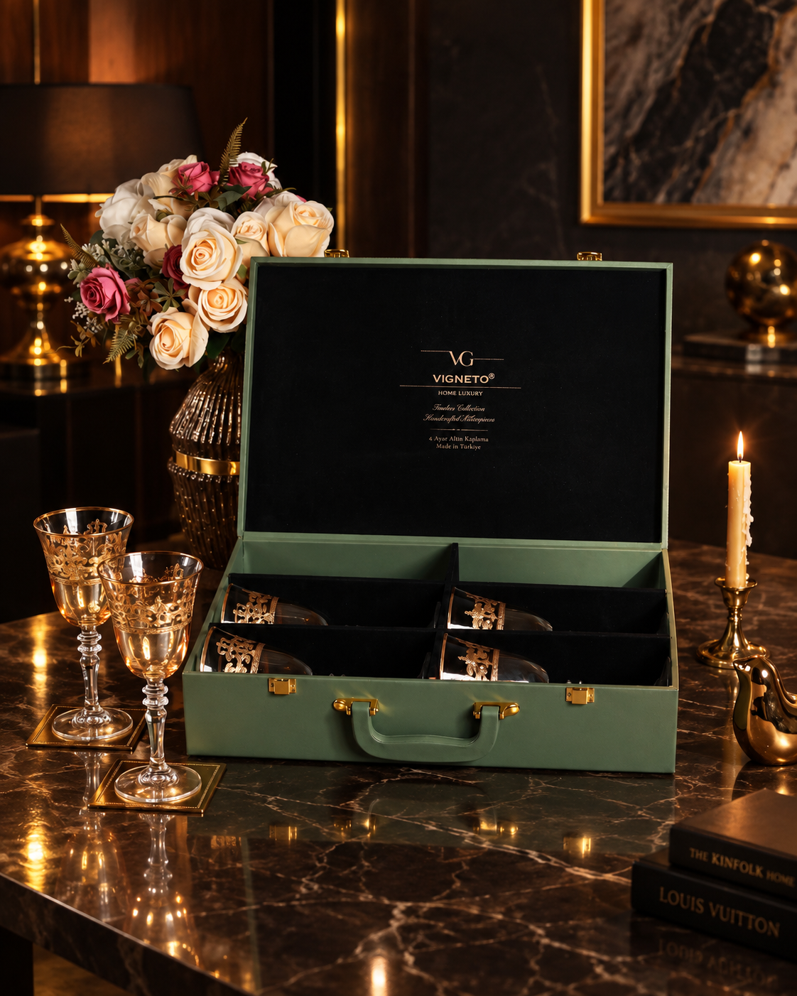 Gilded Amber 6 Pcs Wine Glasses (Palace Collection, 24K Gold Etched) - Vigneto