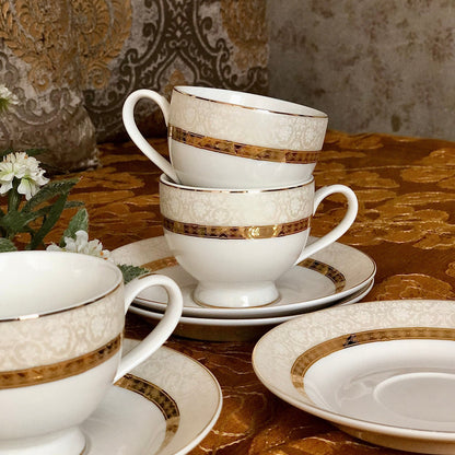 Gold Embossed Flower Cup and Saucer Set (6 Cups and 6 Saucers) - Vigneto