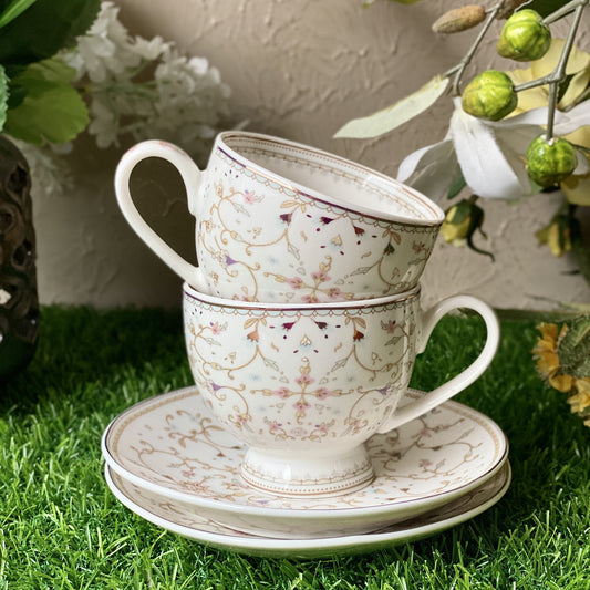 White Pattern Cup and Saucer Set (6 Cups and 6 Saucers) - Vigneto