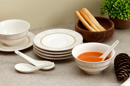 Fleur in Grey 18 Pcs Soup Set (6 Soup Bowls, 6 Soup Spoons, 6 Soup Plates) - Vigneto