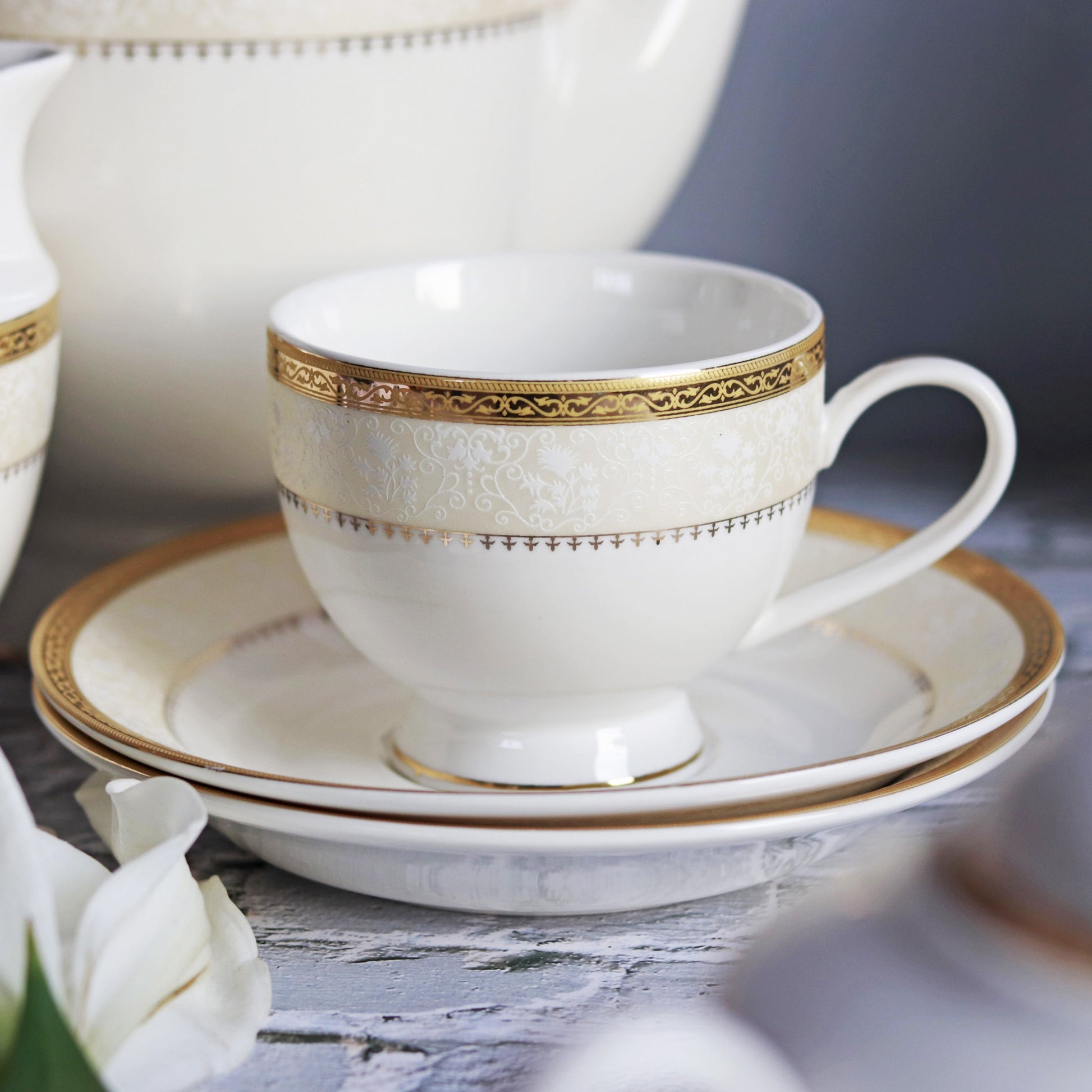 Floral Brown and Gold Embossed Cup and Saucer Set (Set of 6 Cups and 6 –  Vigneto