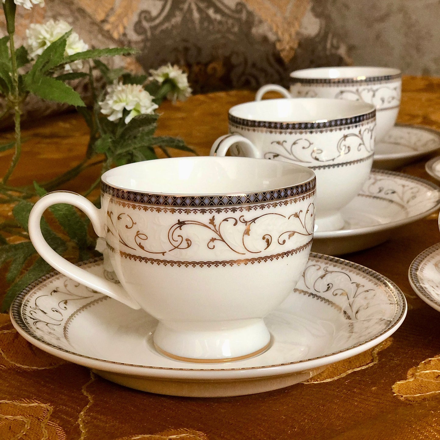 Floral Brown and Gold Embossed Cup and Saucer Set (Set of 6 Cups