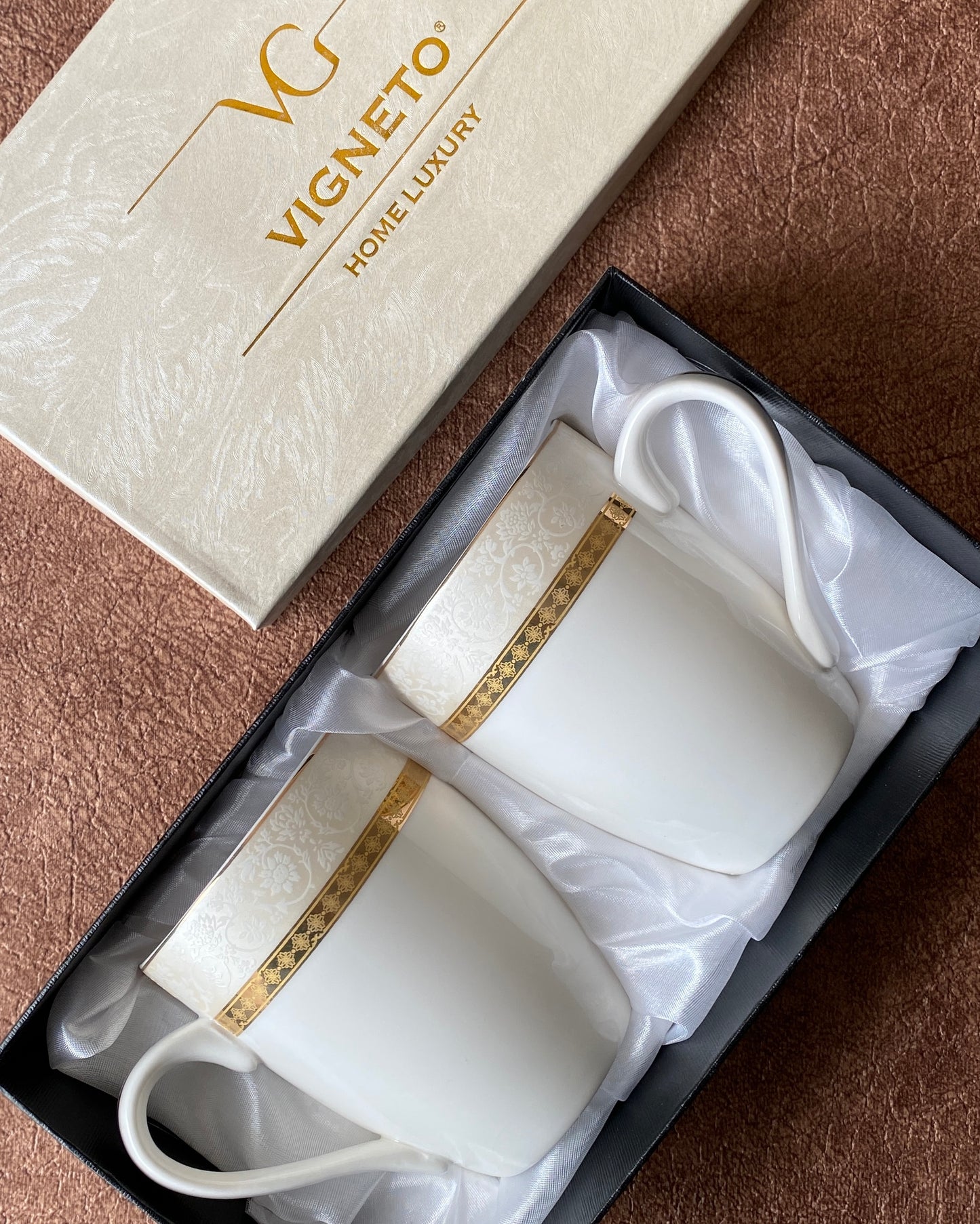 Gold Embossed Coffee Mugs (Set of 2, 300 ML) - Vigneto