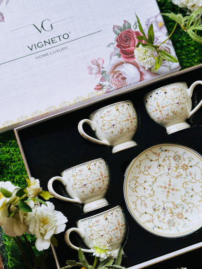 White Pattern Cup and Saucer Set (6 Cups and 6 Saucers) - Vigneto