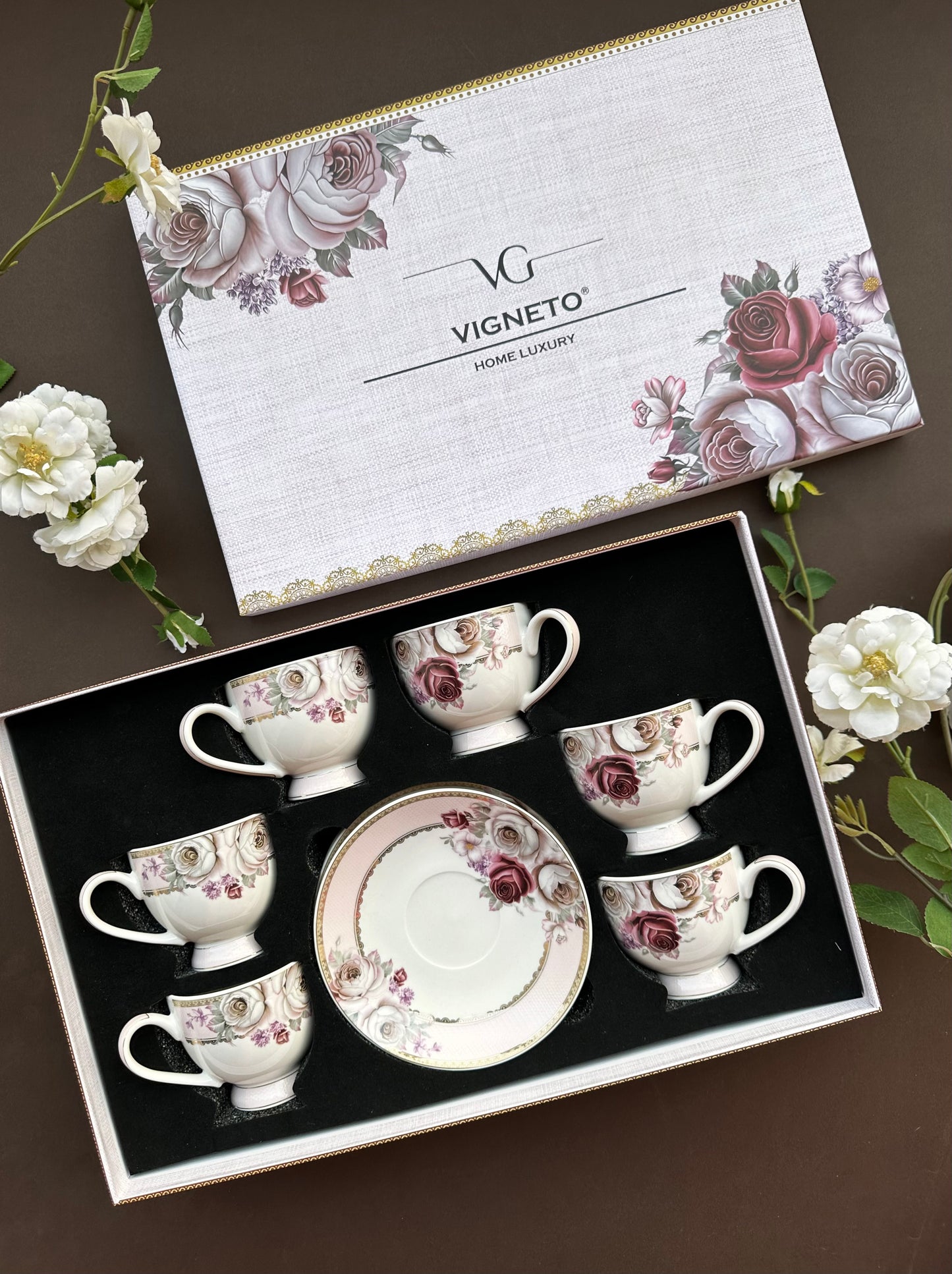 Rose Garden Cup and Saucer Set (6 Cups and 6 Saucers) - Vigneto