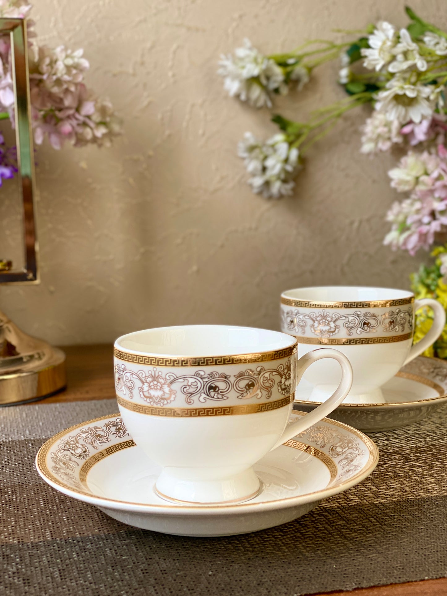 Mughal Gold and Grey Cup and Saucer Set (6 Cups and 6 Saucers) - Vigneto