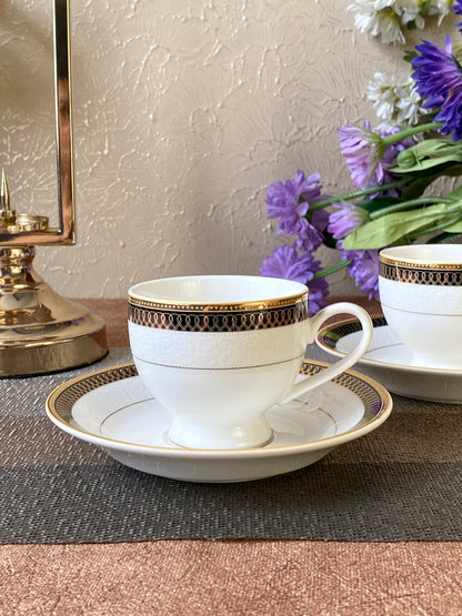 Floral Brown and Gold Embossed Cup and Saucer Set (Set of 6 Cups
