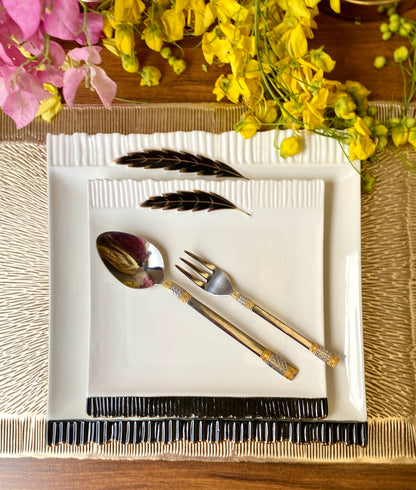 Black and Gold Feather Snack Set (1 Serving Plate, 6 Quarter Plates) - Vigneto
